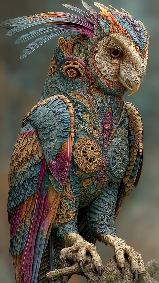 Mystical Owl Bird with Five Colored Feathers
