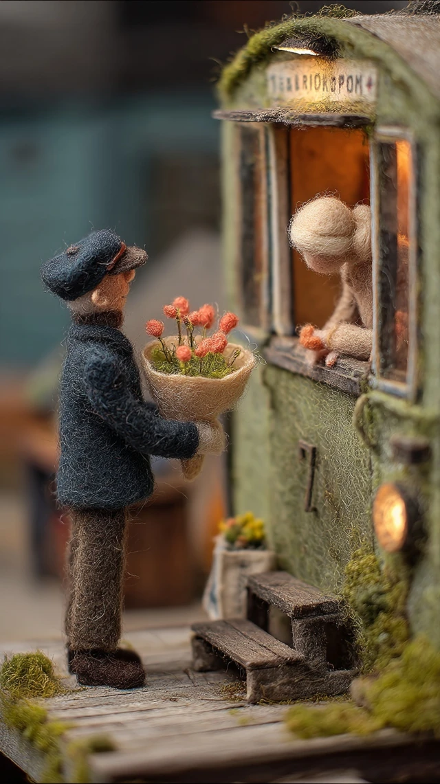 Needle Felted Train Station Tender Moment