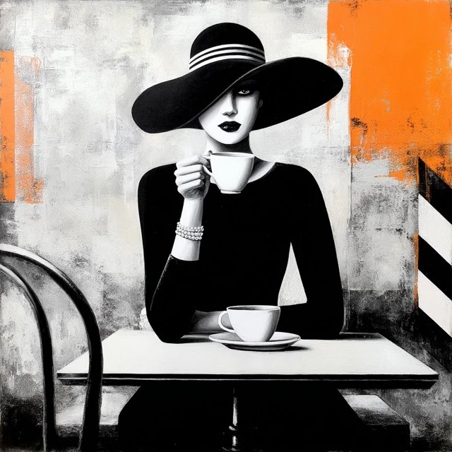 Elegant Woman in Cafe Drinking Coffee - Abstract Art
