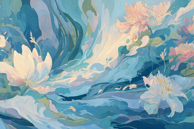 Abstract Floral Painting in Blue and White