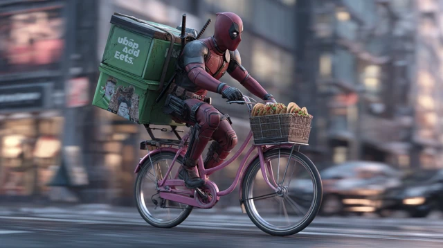 Deadpool Delivers Tacos on a Pink Bike