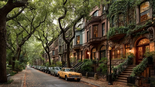Wes Anderson Brownstones on Tree-Lined Street