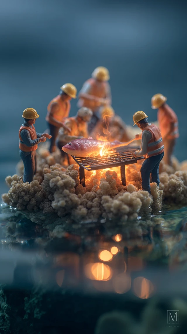 Miniature Construction Workers Grilling Fish Underwater