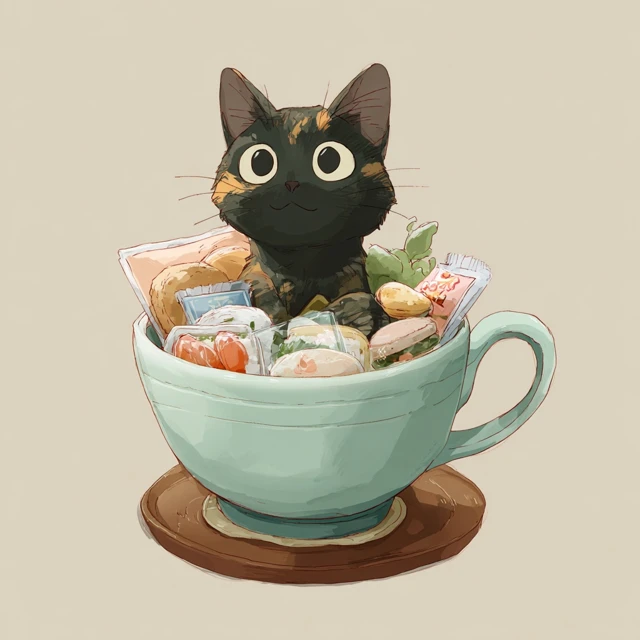 Torti Cat in Studio Ghibli Eating Lunchables