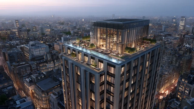 Luxury Tower Penthouse in English City at Dusk