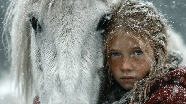 Girl in Red Coat Hugging White Horse in Winter