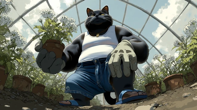 Black Cat Gardener Repotting Plants in a Greenhouse