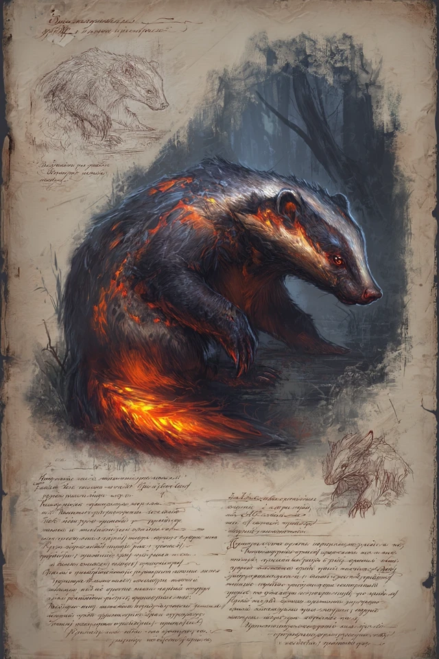 Fiery Badger Fantasy Art Medieval Textbook Page