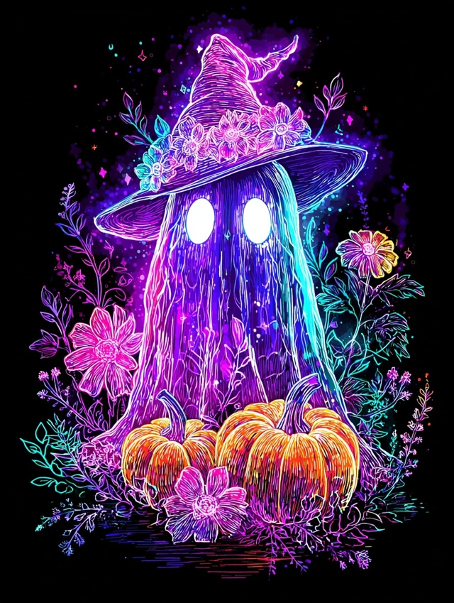 Neon Halloween Ghost with Witch Hat and Pumpkins