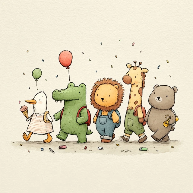 Animal Parade Going to School Cute Illustration