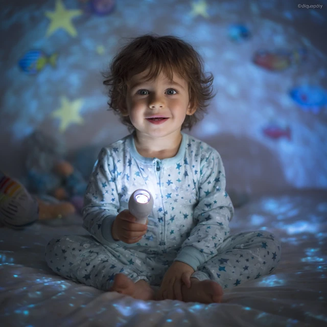 Boy with Flashlight in Starry Room