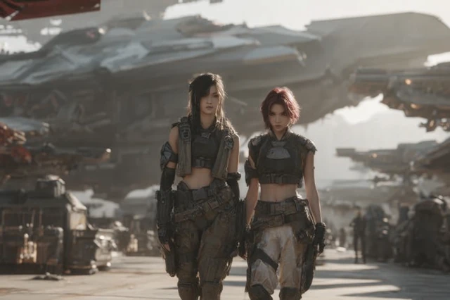 Futuristic Female Warriors in Hangar Scene