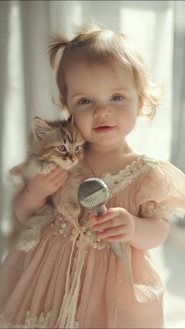 Baby Girl Kitten Portrait Vintage Microphone