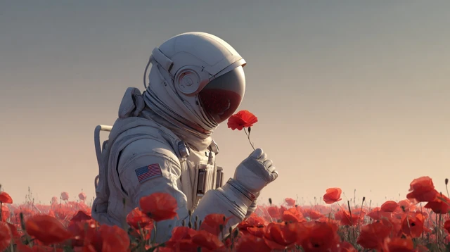 Astronaut in Poppy Field Peaceful Scene