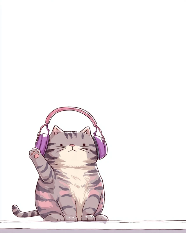 Cute Tabby Cat With Headphones 2D Illustration