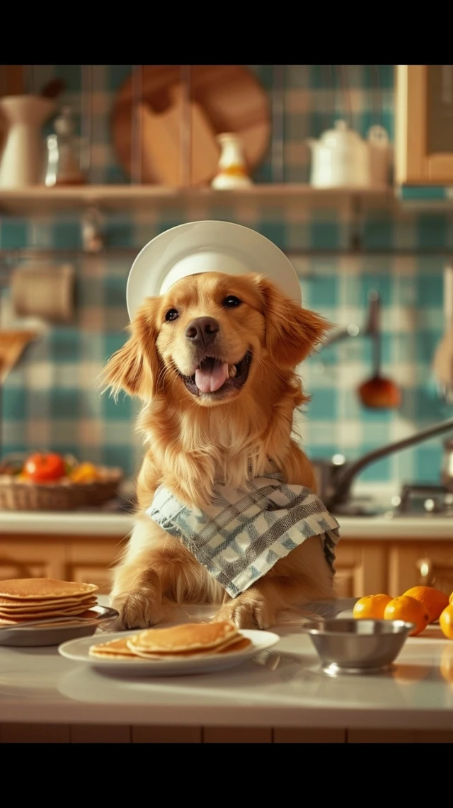Dog Cooking Pancakes in the Kitchen Joyful Illustration