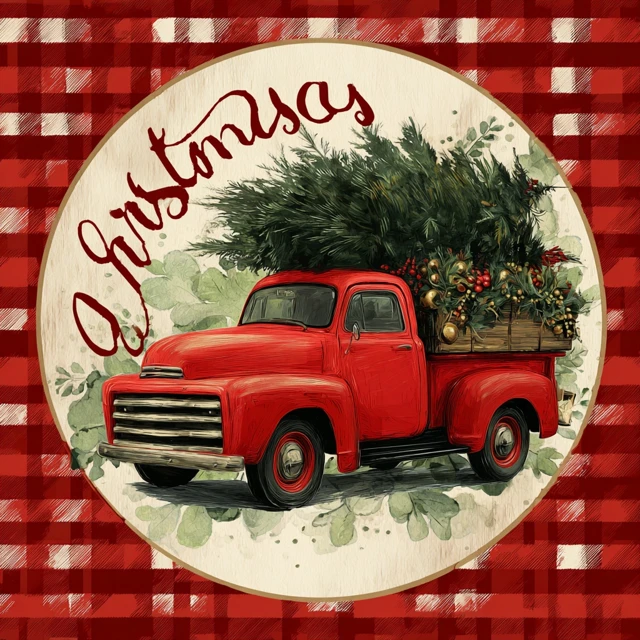 Christmas Vintage Red Truck Watercolor Art
