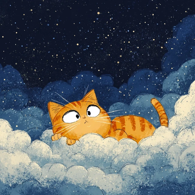 Cute Cat on Clouds Looking at Stars Pixar Style
