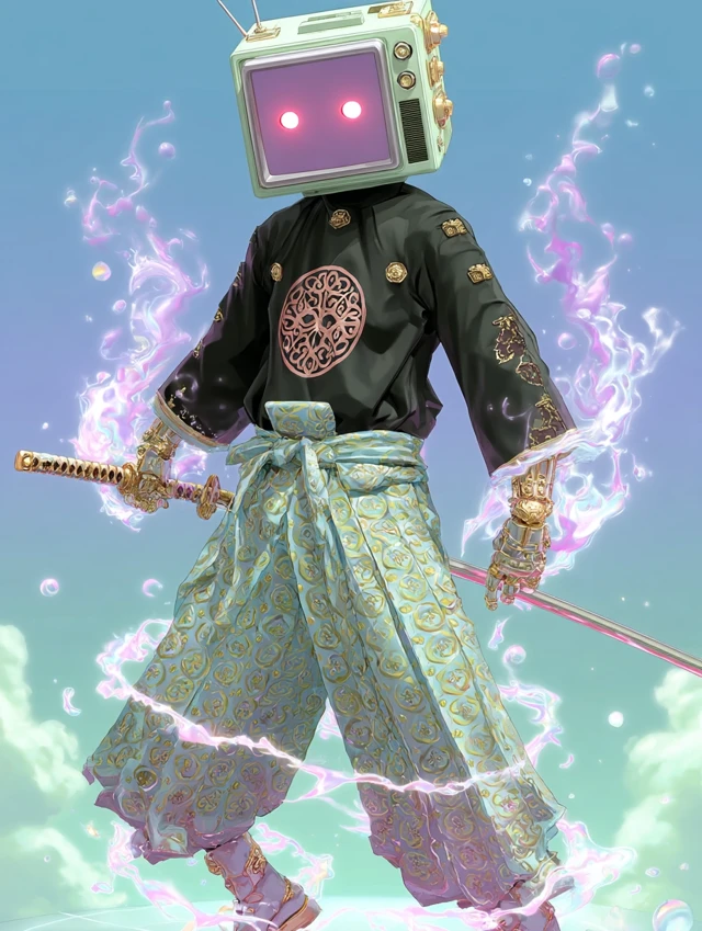 Cyberpunk Anime Swordsman TV Head with Flaming Sword