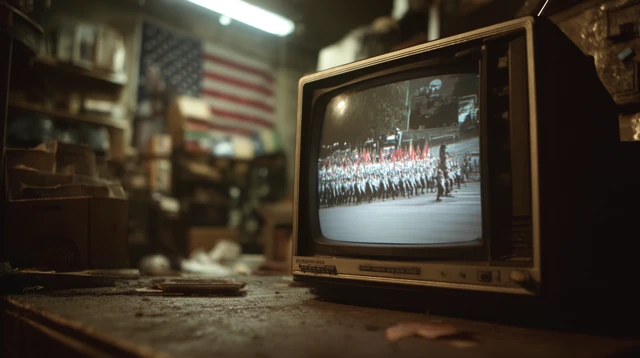 Retro TV Static Cluttered Backroom American Flag