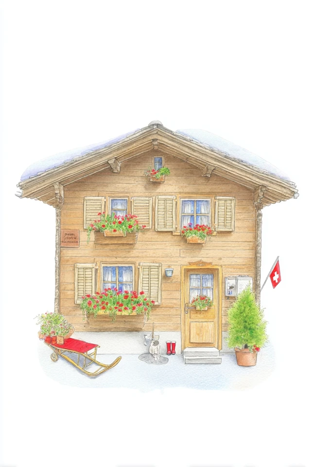 Swiss Chalet Watercolor Illustration