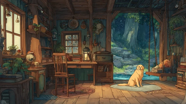 Cozy Treehouse Anime Interior with Dog