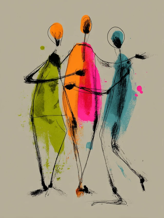 Abstract Dance Illustration Green Pink Orange Blue Colors