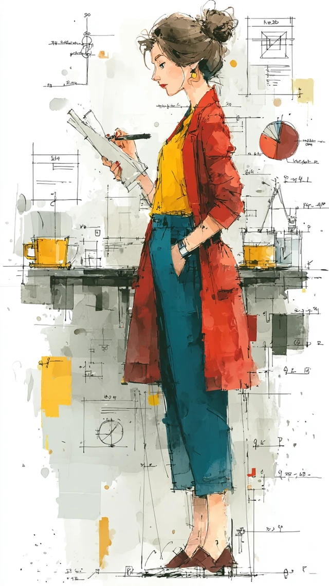 Executive Woman Reviewing Report Watercolor Art
