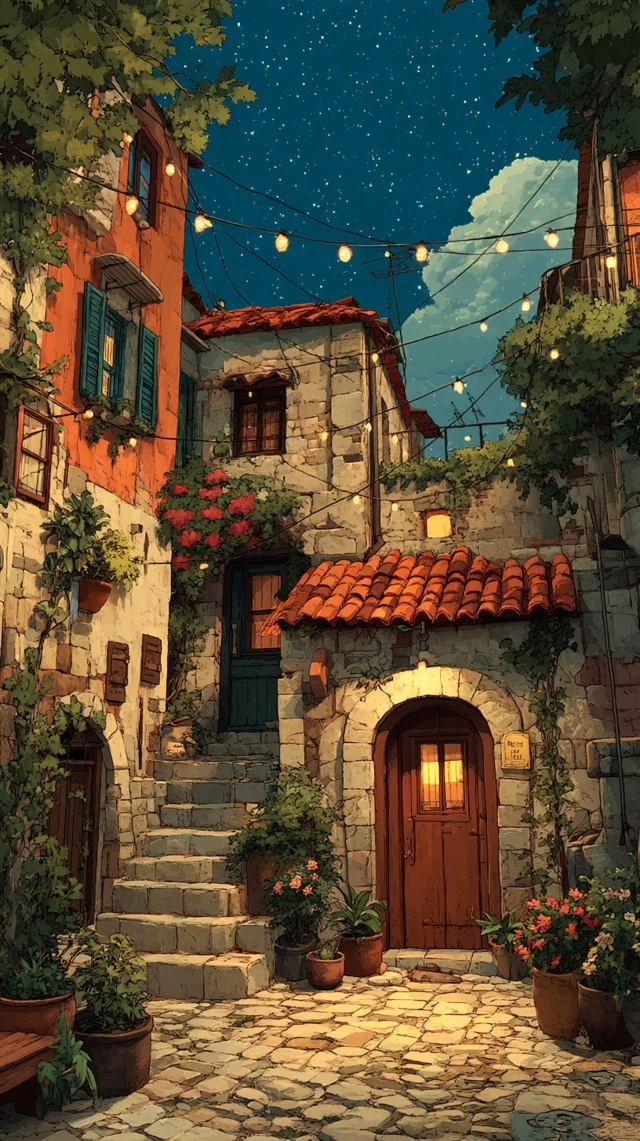 Cozy Mediterranean Courtyard Anime Night Scene