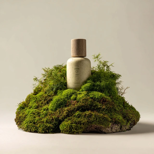 Product Photography Cream Bottle on Moss Minimalist Style