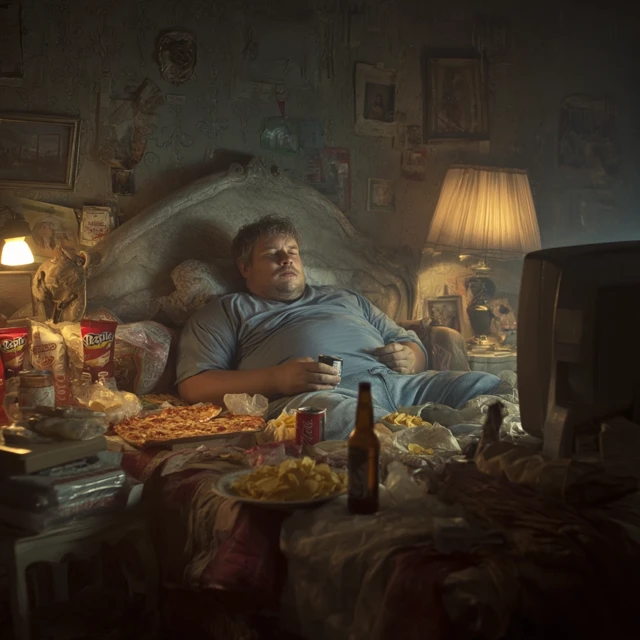 Lazy Man Eating Pizza and Watching TV
