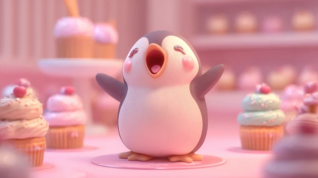 Cute Penguin Singing in a Cupcake World