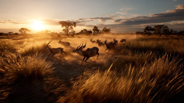 Savanna Sunrise: Antelopes Running Across the Plains