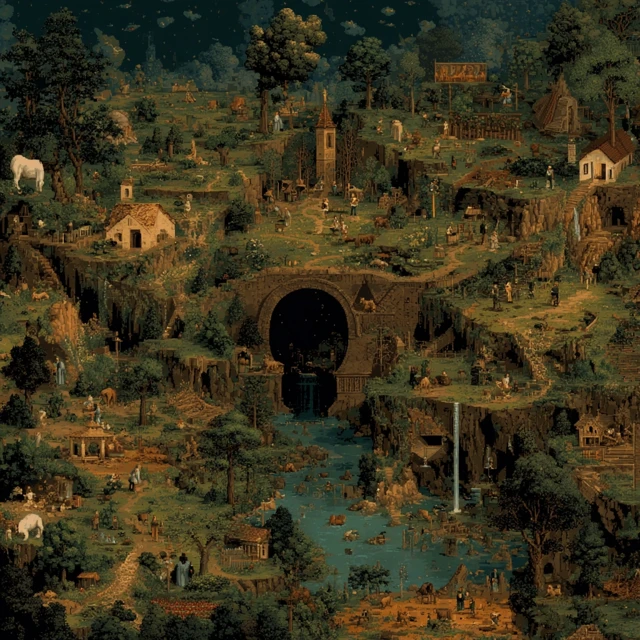 Pixelated Bosch Painting Intricate Symbolism