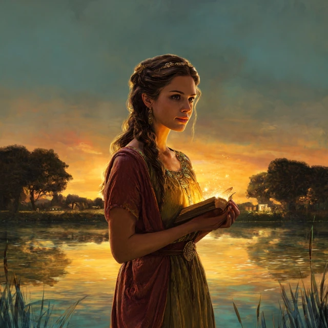 Woman in Bible Times with Light Scroll Sunset