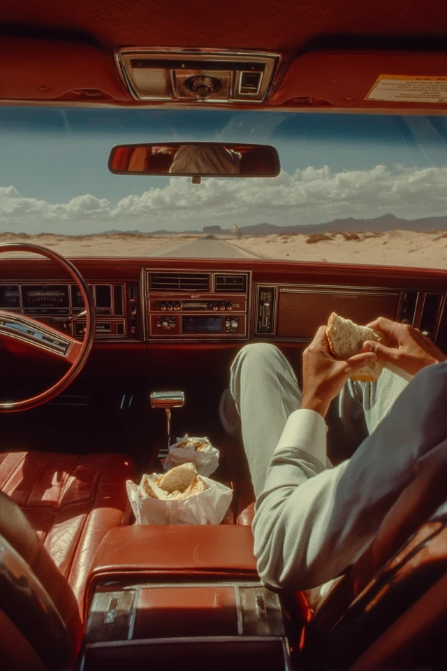 Man in Old Car Eating Sandwiches Desert Scene