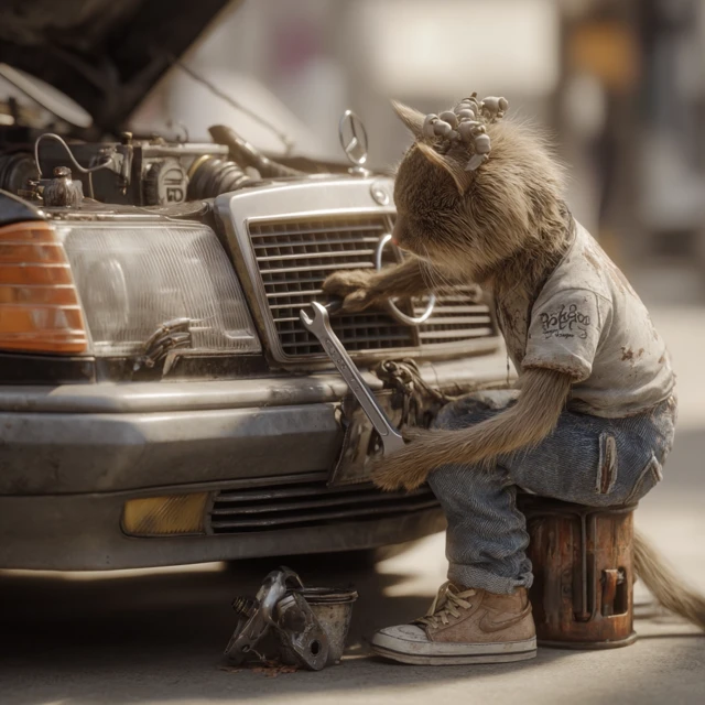 Cat Mechanic Fixing a Mercedes Car Realistic 3D