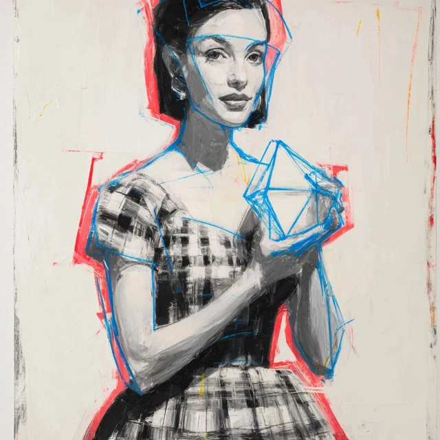 Cubist Painting of Hispanic Woman with Tetrahedron