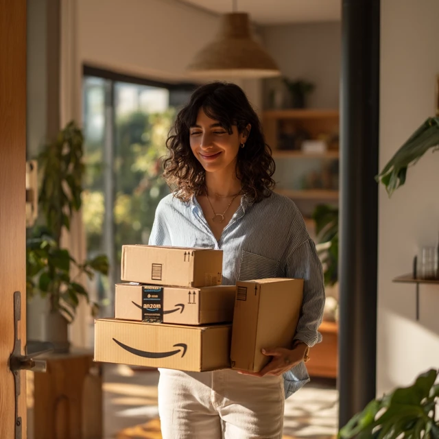 Amazon Delivery Lifestyle Photo Happy Woman Modern Home