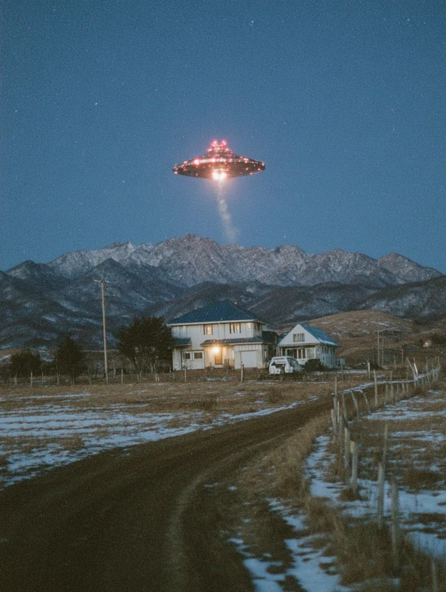 Sci-fi UFO Landing Over a House in Winter