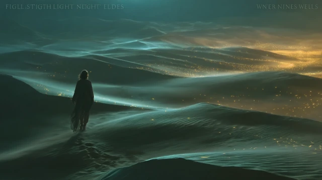 Woman Walking in Dunes with Glowing Sparks at Dusk
