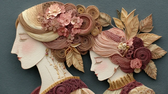 Mother and Child Paper Art with Pink Flowers