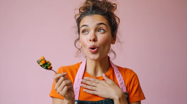 Woman Enjoying Healthy Food Roasted Veggies