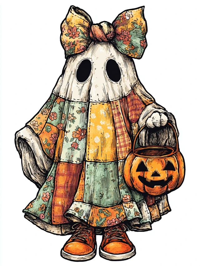 Cute Patchwork Ghost Halloween Illustration