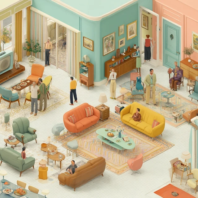 Retro Living Room Isometric with Pastel Colors
