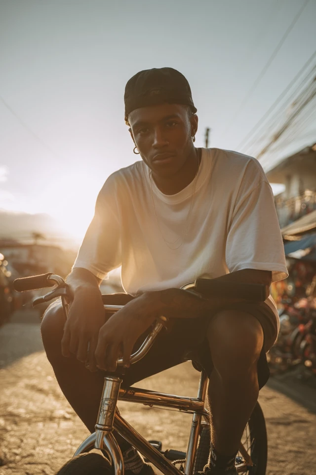 Young Black Man BMX Streetwear Golden Hour Photography