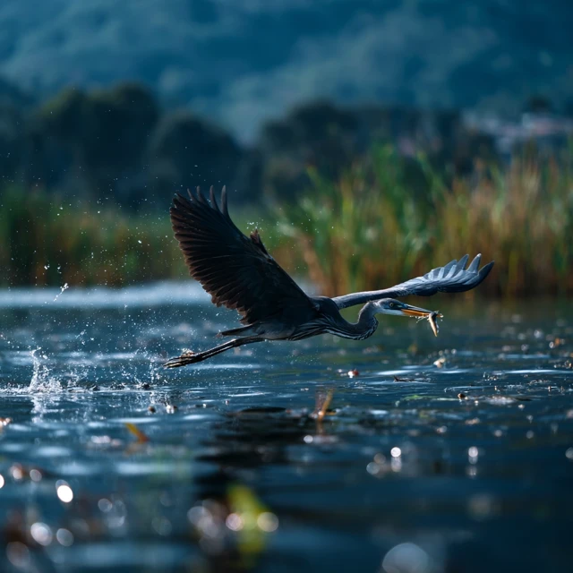 Heron Hunting Fish in Shimmering Water