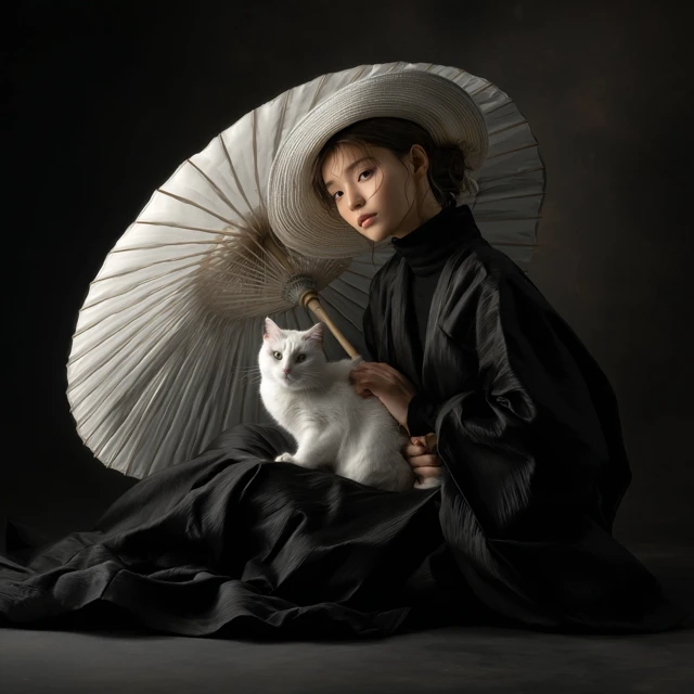 Japanese Woman with Cat Umbrella Photorealistic