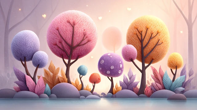 Whimsical Fantasy Landscape with Colorful Trees and Lake