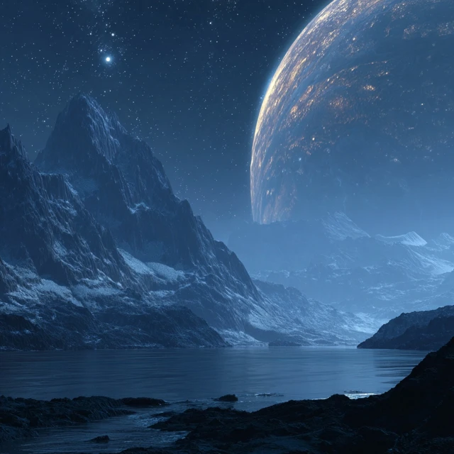 Alien Mountain Landscape at Night with Planet